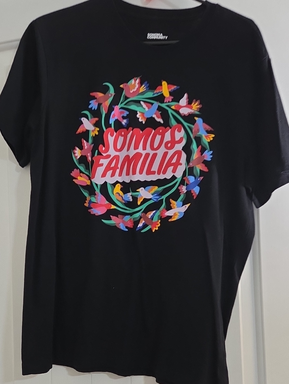 Sonoma Black Tee with Colorful Bird Graphic. Mexican Shirt.